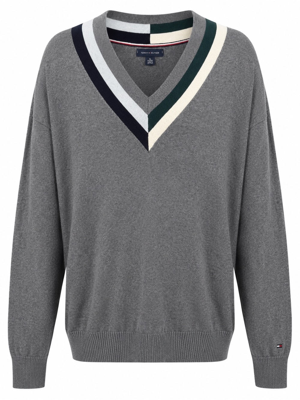 Tommy Hilfiger V-Neck Sweater XL Grey Cotton Preppy